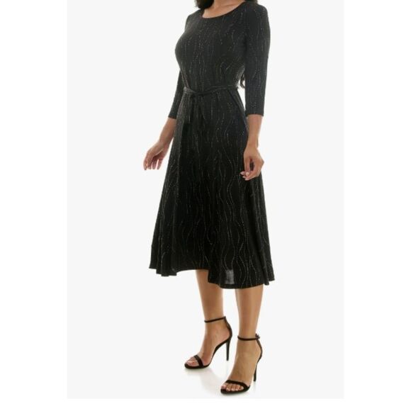 Black and Gold Tie Waist A-Line Midi Dress - Picture 1 of 3